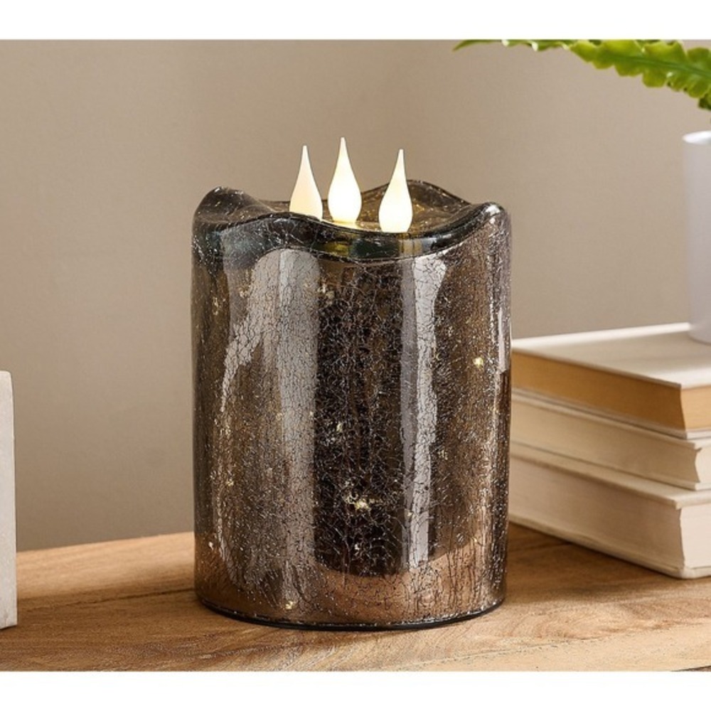 Valerie Parr Hill 3-Wick Illuminated 7" Crackle Glass Candle - Smoke Dark Gray